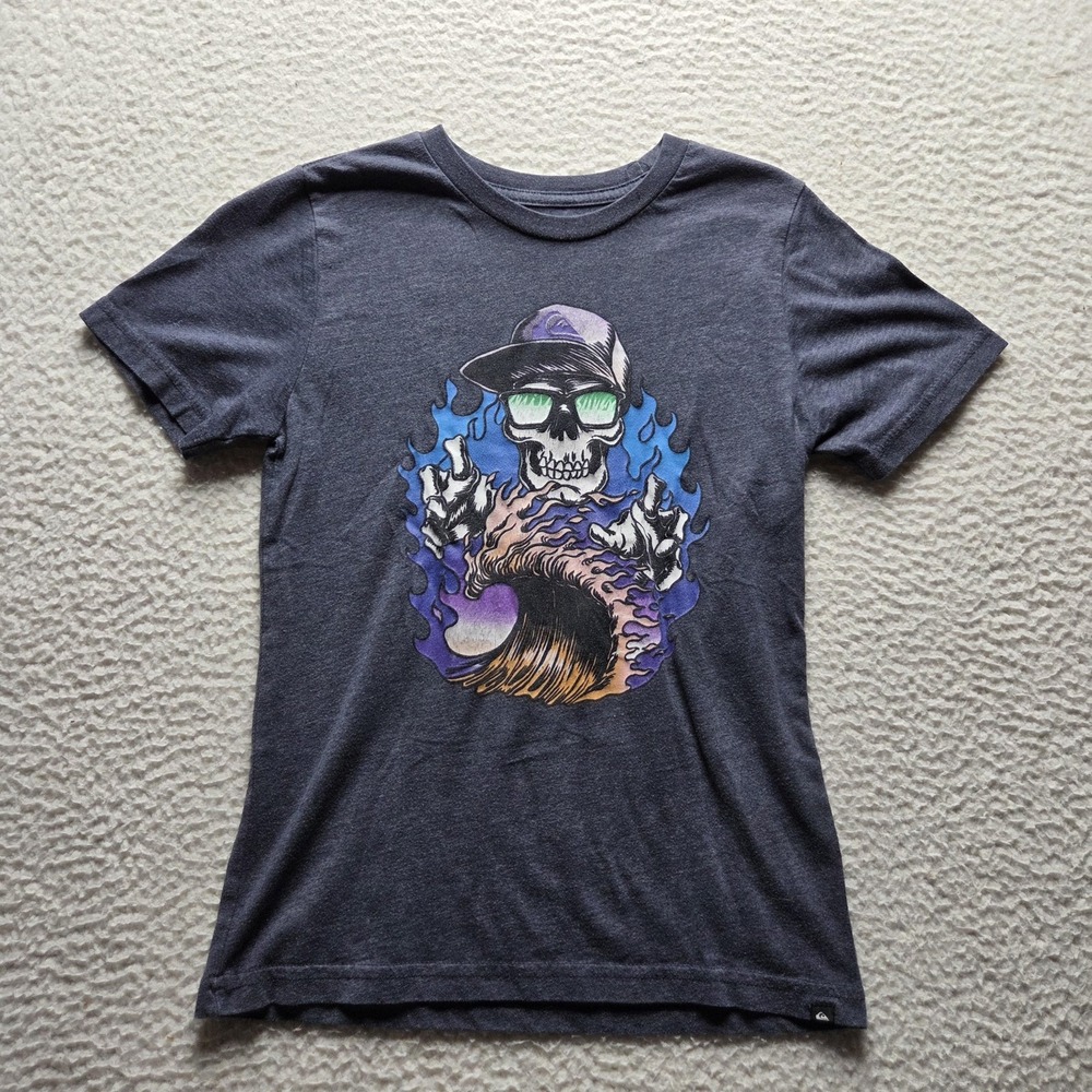 Quiksilver Shirt Mens Medium Gray Skull Wave Graphic Tee Tagless Jersey Surf